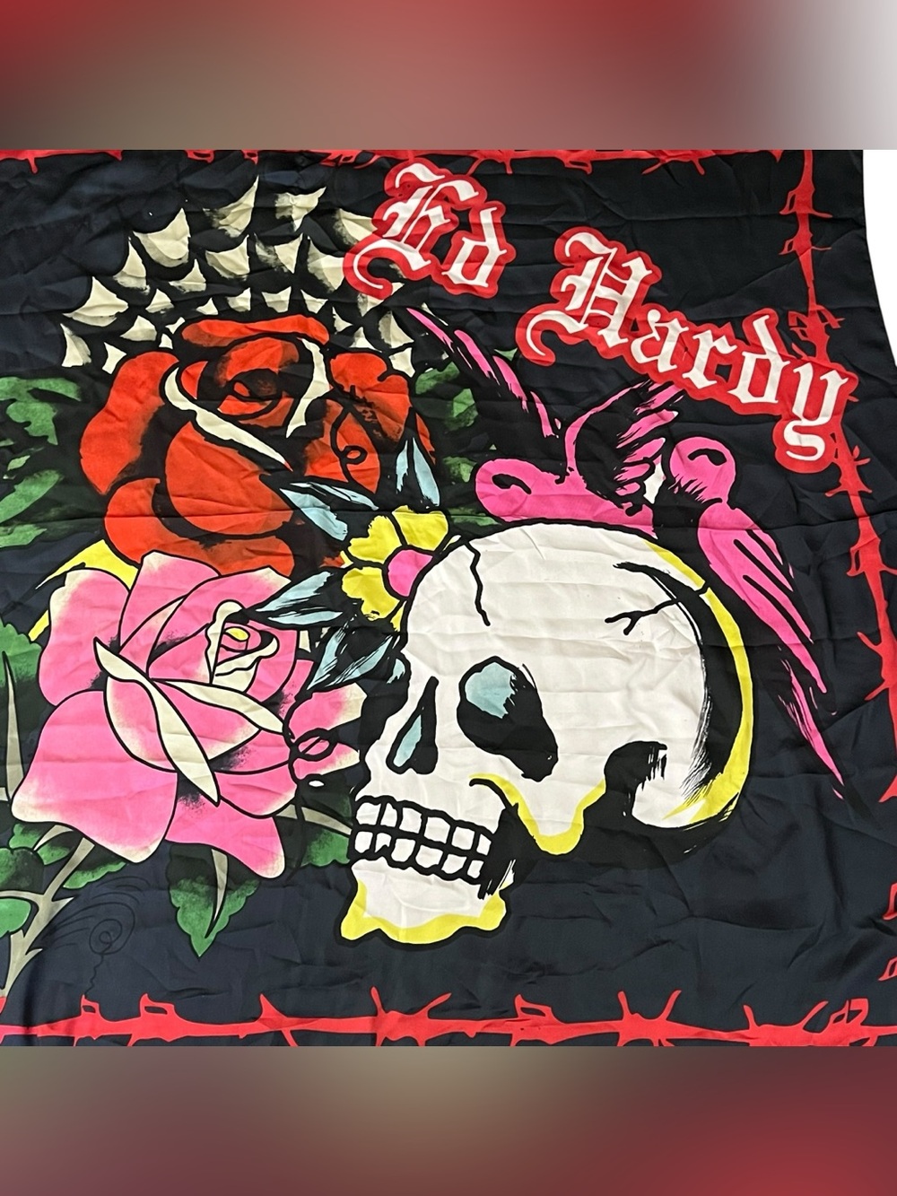 Ed Hardy Y2K Tattoo Graphic Skull and Roses Tattoo Print Scarf - Picture 2 of 7